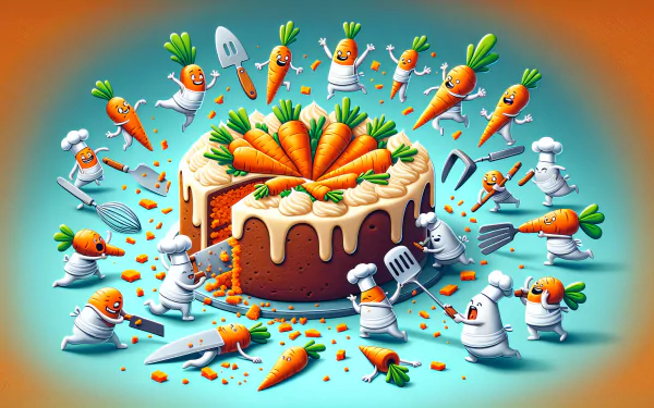 A whimsical illustration of carrot cake surrounded by animated chefs and carrots, making for a vibrant HD desktop wallpaper and background.