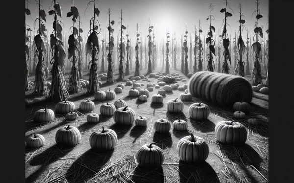 HD desktop wallpaper featuring a monochrome pumpkin patch with scattered pumpkins on the ground and a hay bale, under a backdrop of towering sunflower stalks without petals, suggesting an autumnal or spooky theme.