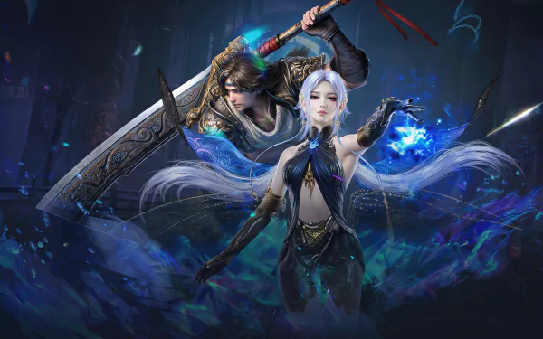 HD wallpaper featuring characters from the video game Naraka: Bladepoint in dynamic combat poses.