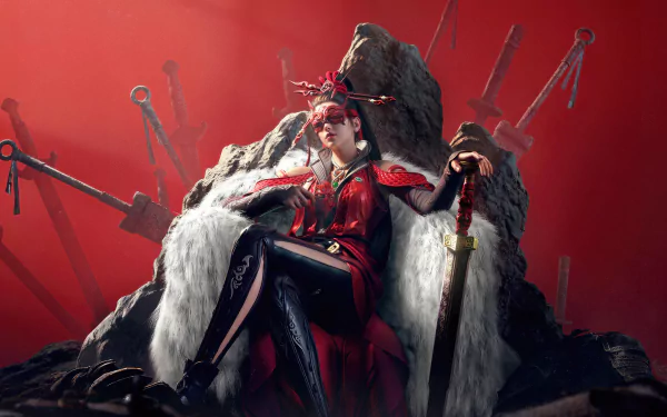 Naraka: Bladepoint character seated on a throne surrounded by swords, serving as a stunning HD desktop wallpaper for video game enthusiasts.