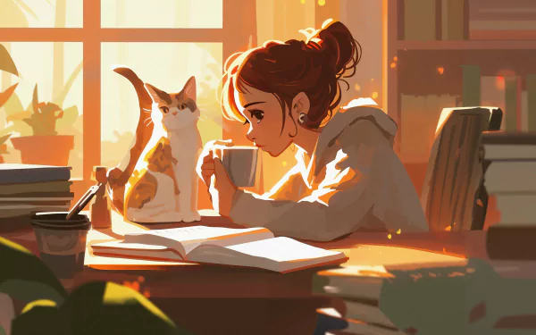 Animated HD wallpaper of a woman studying with her cat by her side, in a cozy, sunlit room filled with plants and books.