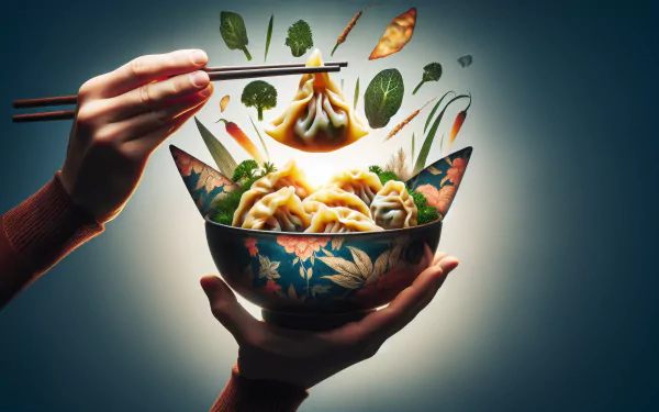 HD desktop wallpaper featuring a bowl of delicious potstickers being held and served with chopsticks, with herbs and spices floating dynamically around the bowl.