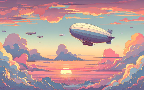 HD desktop wallpaper featuring a majestic airship soaring through a vibrant pastel sunset sky with multiple clouds and several smaller airships in the background.