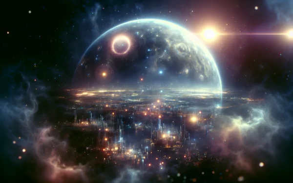 Sci-fi themed HD wallpaper featuring a futuristic planet with vibrant cityscape and celestial bodies.