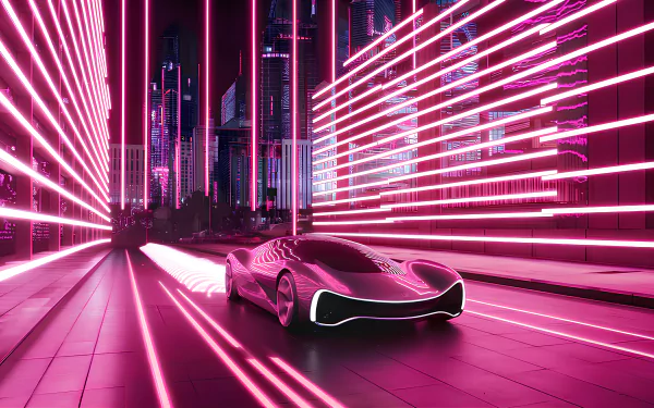  Futuristic car speeding through neon cityscape