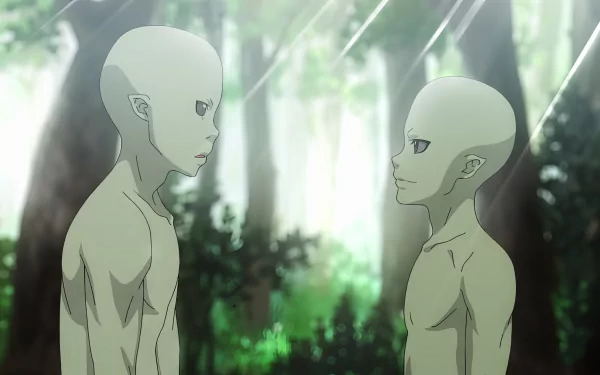 Anime wallpaper featuring two characters from Re:Monster set against a serene forest backdrop with sunbeams filtering through the trees, in HD for desktop backgrounds.