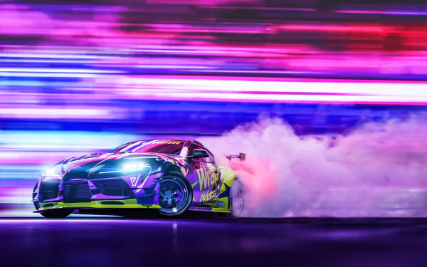 A vibrant Toyota Supra drifts through a neon-lit backdrop, leaving a cloud of smoke in its wake, creating a dynamic and captivating HD wallpaper.