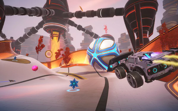 Turbo Golf Racing video game scene with a high-speed car pursuing a giant golf ball on a futuristic race track for a vibrant HD desktop wallpaper.