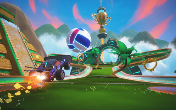 Turbo Golf Racing video game HD wallpaper featuring a dynamic scene with a racing car chasing a large golf ball towards a trophy on a vibrant, stylized race track.