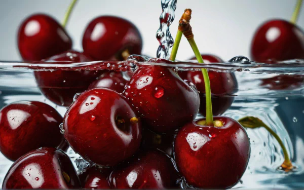 Vibrant cherry splashing into clear water, creating a refreshing HD desktop wallpaper and background.