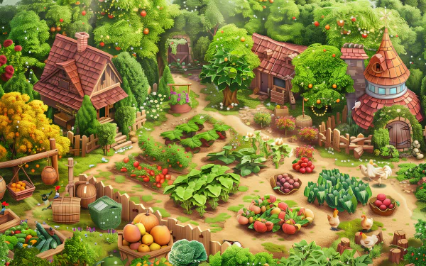 HD wallpaper of a vibrant vegetable garden scene with quaint cottages and lush greenery.