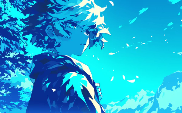 An anime boy stands contemplatively against a vibrant blue background, surrounded by softly falling petals, creating a captivating HD desktop wallpaper.