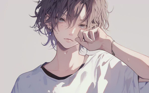 HD anime boy desktop wallpaper featuring a brooding male character with dark hair and light eyes in a contemplative pose set against a soft-toned background.