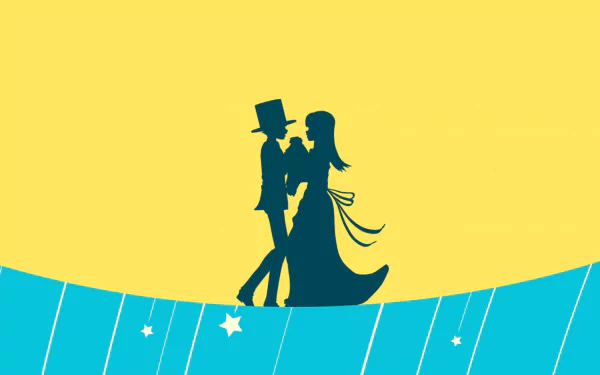 Silhouettes of the Duke and his maid from the anime The Duke of Death and His Maid against a bright yellow background, designed as an HD PC desktop wallpaper.