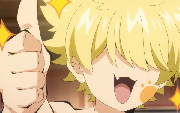 HD wallpaper from Mission: Yozakura Family anime featuring an excited character with blonde hair and a thumbs-up gesture.