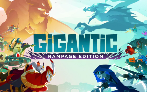 HD desktop wallpaper featuring the colorful artwork of Gigantic: Rampage Edition video game with dynamic characters and title logo.