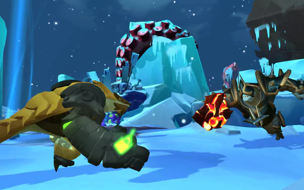 HD wallpaper featuring characters from the video game Gigantic: Rampage Edition in dynamic action poses on an icy battlefield.