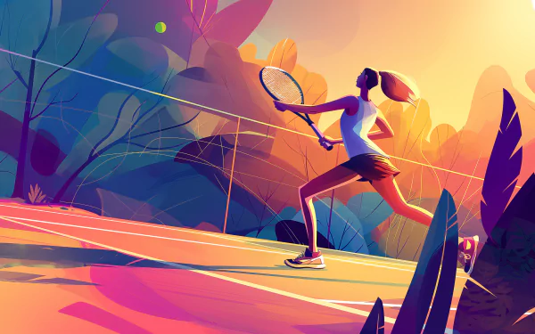 Colorful HD wallpaper featuring an animated character playing tennis on a vibrant court, with a focus on movement and exercise.
