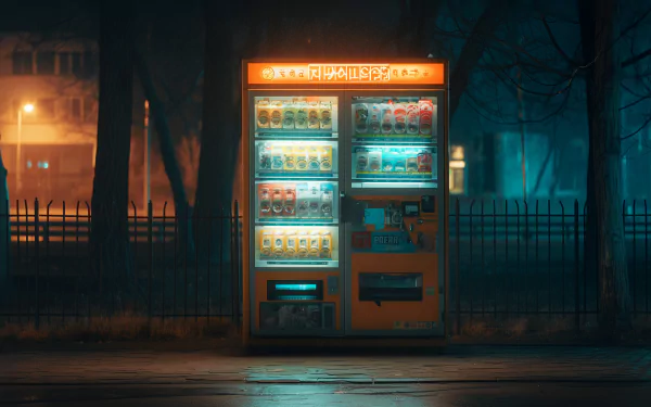 Illuminated vending machine on a misty evening street, HD desktop wallpaper.