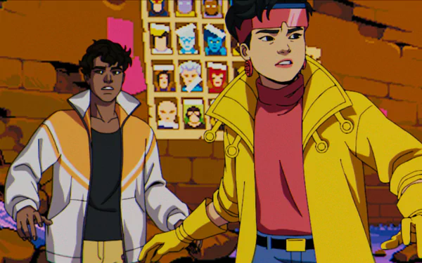 Jubilee and a companion feature in this HD desktop wallpaper from the animated series X-Men '97, showcasing vibrant colors and dynamic expressions in a thrilling moment.