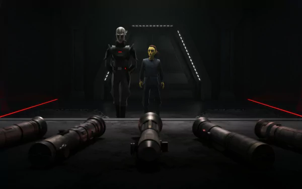 HD wallpaper featuring characters from Star Wars: Tales of the Empire TV show, with a dark corridor illuminated by red lightsabers on the ground.