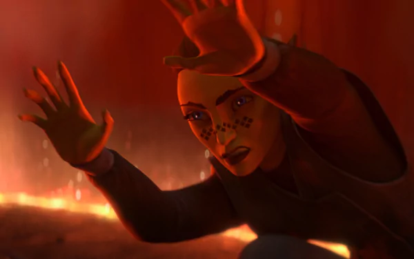 An intense scene from the TV show Star Wars: Tales of the Empire, featuring a character reaching out amid a fiery background, captured in vivid HD quality for desktop wallpaper.