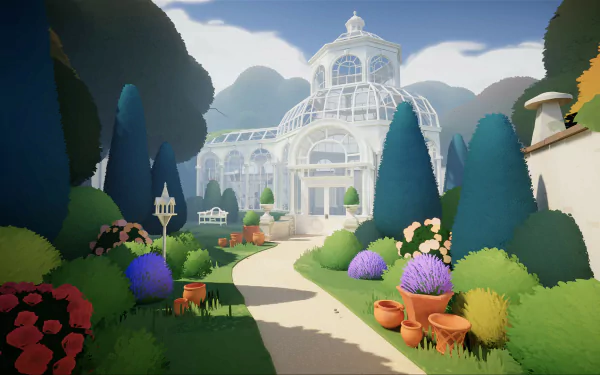 HD desktop wallpaper featuring Botany Manor from a video game with a scenic garden path leading to a greenhouse.