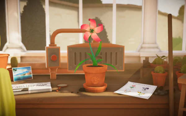 HD desktop wallpaper featuring a vibrant pink flower from Botany Manor video game, showcased in a sunlit virtual greenhouse setting.