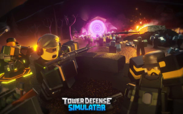 HD Roblox Tower Defense Simulator game scene for desktop wallpaper featuring characters defending against an attack.