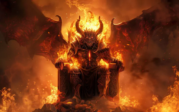 A fearsome demon sits on a fiery throne, surrounded by flames and smoke, embodying the essence of Diablo in this striking HD wallpaper and background.