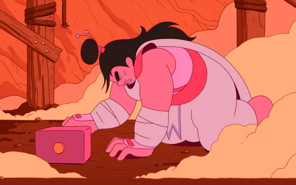 HD desktop wallpaper from the video game Let's! Revolution! featuring a stylized animated character reaching for a pink cube in a reddish, otherworldly landscape.