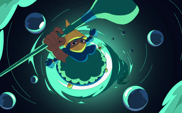 HD desktop wallpaper from the video game Let's! Revolution! featuring a stylized character holding a spear amidst dynamic blue and green swirls and bubbles.