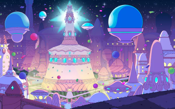 HD desktop wallpaper from the video game Let's! Revolution featuring a colorful, whimsical cityscape with futuristic buildings and glowing lights under a starry night sky.