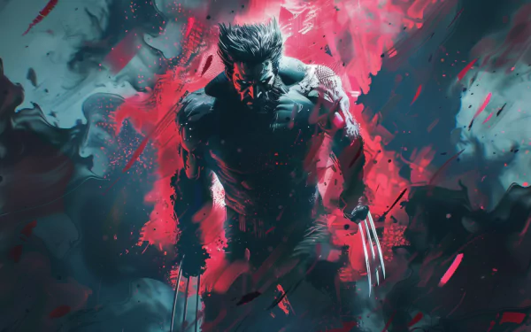 HD wallpaper featuring an intense depiction of Marvel Comics character Wolverine in a dynamic pose with his signature claws extended amidst a dramatic red and blue background.