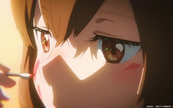 Close-up HD wallpaper featuring an anime character with brown hair and detailed, expressive eyes, with light reflecting in them. The setting evokes a dramatic or emotional mood, hinting at the title Jellyfish Can’t Swim in the Night.