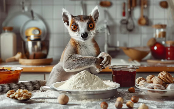 A whimsical HD desktop wallpaper featuring a lemur in a kitchen surrounded by cooking ingredients like flour, jam, and walnuts.