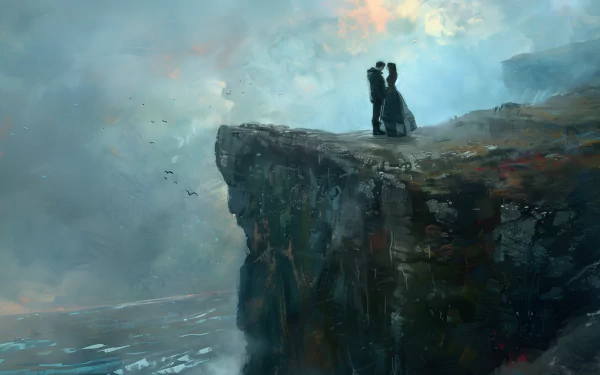 A couple stands close together on the edge of a cliff overlooking a fog-covered ocean, with a dramatic sky above, in a high-definition desktop wallpaper.