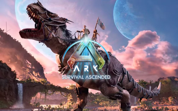 HD desktop wallpaper for the video game ARK: Survival Ascended featuring a large dinosaur with a futuristic saddle and the game's logo against a backdrop of a lush landscape and distant moons.