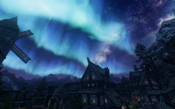 HD wallpaper featuring a scene from the video game Skyrim with a beautifully rendered aurora borealis over an ancient Nordic village under a starry night sky.
