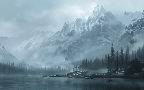 HD desktop wallpaper featuring the snowy landscape of Skyrim from the video game, with majestic mountains, a tranquil river, and a serene pine forest under a hazy sky.