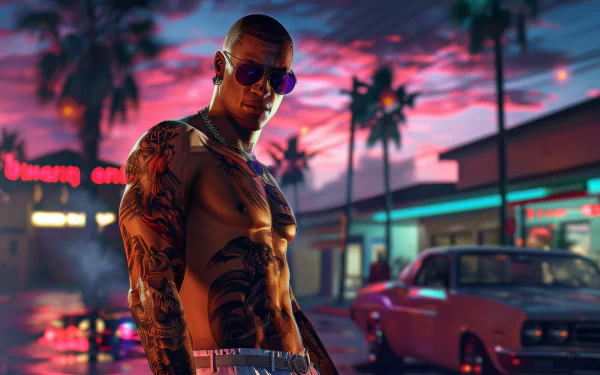 HD desktop wallpaper featuring a character from Grand Theft Auto VI, with a backdrop of a vibrant sunset, palm trees, and neon city lights.