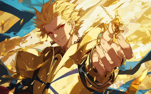 HD wallpaper featuring Gilgamesh from the Fate/Stay Night series, showcasing his striking golden armor and confident pose against a backdrop of vibrant colors.