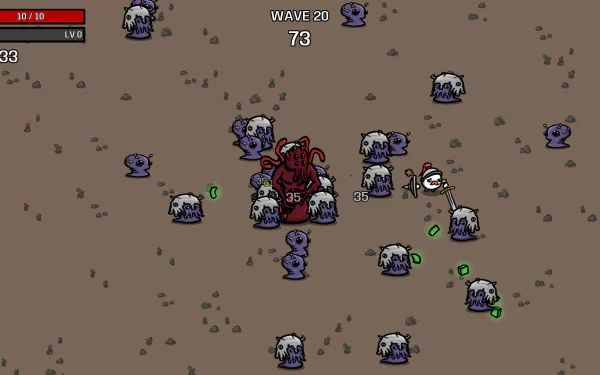 HD desktop wallpaper featuring a scene from the video game Brotato with a character surrounded by enemies on a barren landscape, displaying wave 20 and health status indicators.