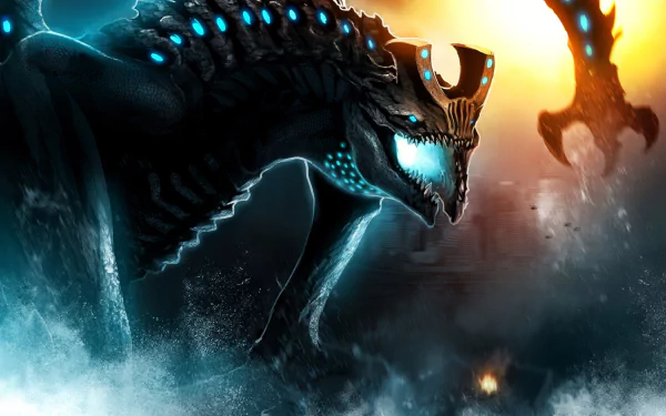 HD desktop wallpaper from Kaiju No. 8 anime featuring a menacing kaiju with glowing blue accents amidst a hazy, dynamic backdrop.