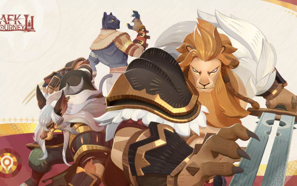 HD desktop wallpaper featuring stylized characters from the video game AFK Journey, portraying a heroic lion-like figure with fellow adventurers in dynamic poses, illustrating a fantasy adventure theme.