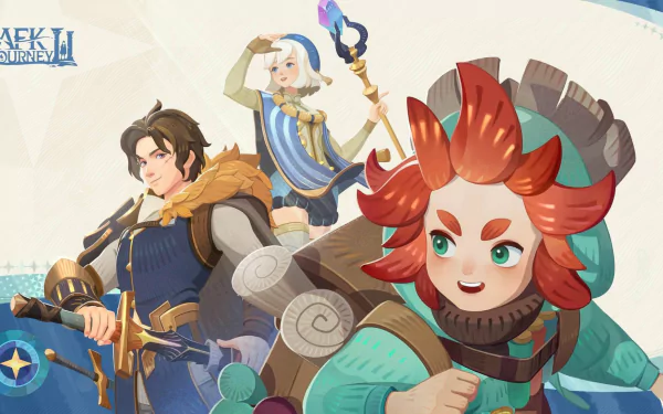 HD desktop wallpaper featuring stylized characters from the video game AFK Journey, with a prominent red-haired character in the foreground.