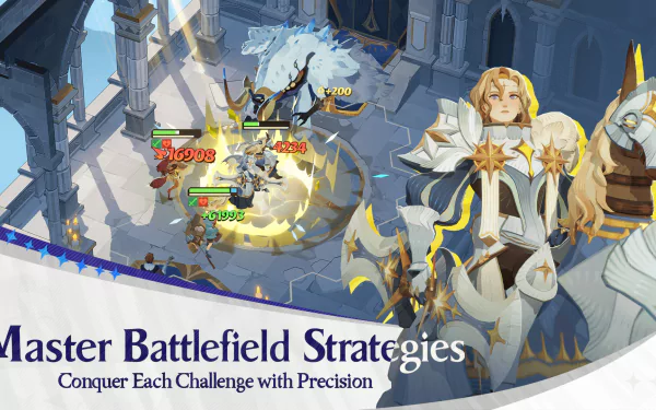 HD desktop wallpaper from the video game AFK Journey depicting animated characters engaged in a vibrant battle scene, with a slogan Master Battlefield Strategies - Conquer Each Challenge with Precision displayed at the bottom.