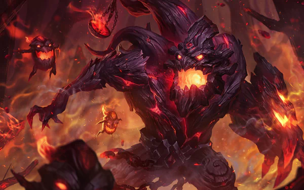 HD desktop wallpaper featuring Maokai from League of Legends, depicted as a monstrous, fiery, tree-like creature in a dynamic and intense battle scene.