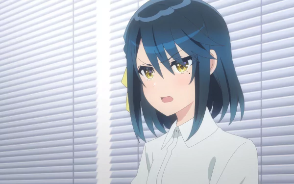 HD wallpaper featuring an anime character from The Many Sides of Voice Actor Radio, set against blinds in the background.