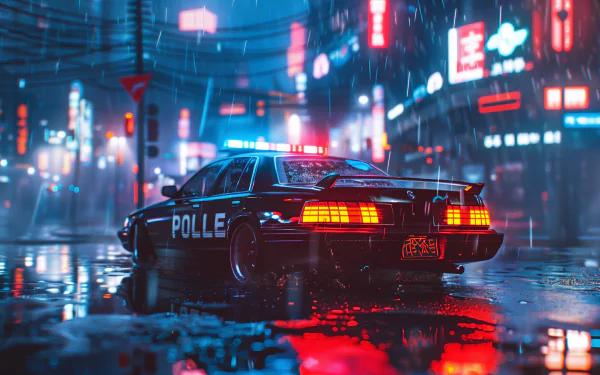 HD desktop wallpaper featuring a police car with lights on parked on a wet city street under a rain shower, reflecting neon lights from surrounding signage at night.